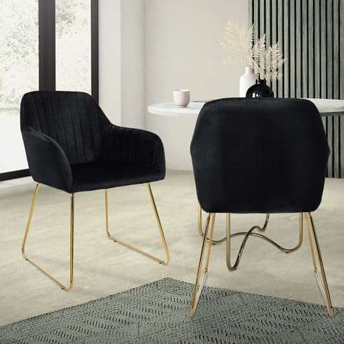 ML-Design Set de 2 Chaises de Salle à Manger, Noir, Assise Rembourrée en Velours, Pieds Dorés en Métal, avec Dossier et Accoudoirs Ergonomiques, Fauteuil Moderne de Salon Bureau Chambre Cuisine