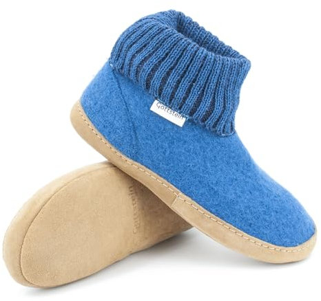 Hüttenschuh Dakota aus Mulesing-freier Schaf-Schurwolle – Handgefertigte Hausschuhe aus Wollfilz für Damen & Herren Größe EU 36-47 – Mit hohem Strickbund & gepolsterter Ledersohle Hellblau, 45