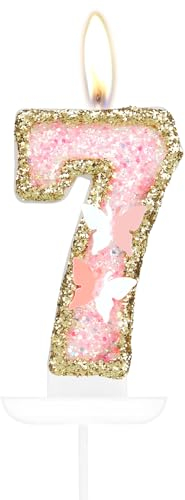 Butterfly Number 7 Candles, Pink Gold Happy 7th Birthday Candles for Cake, Girls 7th Birthday Cake Decorations, Butterfly 7 Cake Topper, Gold Pink Cake Candles Cake Topper for Women Birthday Party