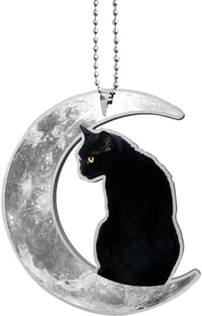 Unifizz Schwarze Katze Auto Hängende Ornament Katze auf dem Mond Katze Auto Anhänger für Rückspiegel Hängende Zubehör Multi