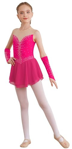 YEAHDOR Abiti da Ballo Latino Salsa Bambina Senza Maniche Leotards con Guanti Paillettes Body da Pattinaggio Artistico Vestito da Danza Classica Ballerina Jazz B Rosa Caldo 9-10 Anni
