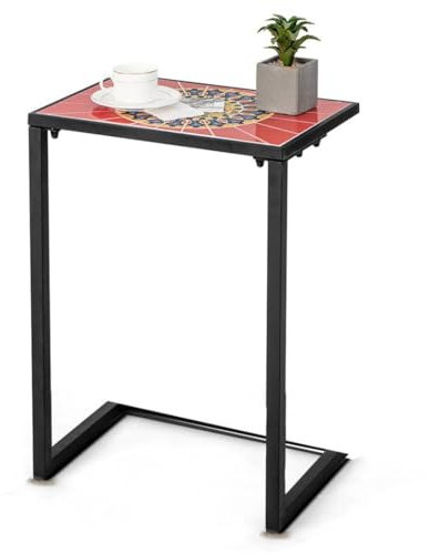 Multigot C-Shaped Sofa Side Table, Narrow End Desk Snack Coffee Tea Table with Mosaic Ceramic Tabletop, Metal Frame Corner Table Over Bed Tables for Bedroom Living Room Office