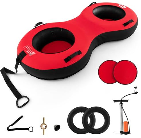 GYMAX Heavy Duty Snow Tube for Sledding, 1/2-Seat Inflatable Snow Sled with Canvas Cover, 2 Strap, Pump & Repair Kit, 0.7mm Thicker Inflatable Sledge Outdoor Winter Toys for Kids Adults (Red-2 Seats)