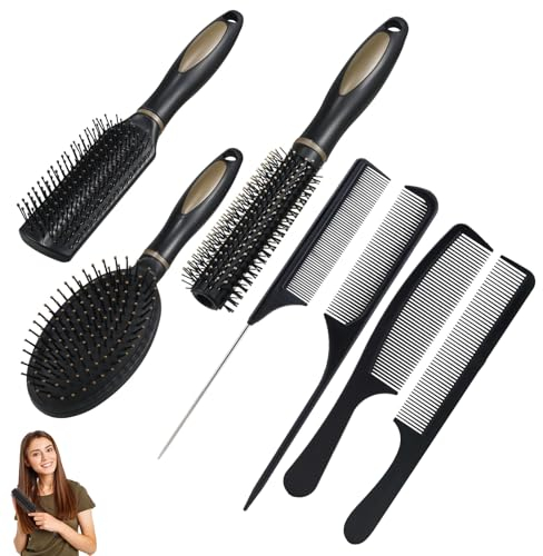 Haarbürste Set, 7 Stück Haarbürsten-Set, Massage Entspannungsbürsten Hair Brush, Flexible Weiche Nadelborsten Bürste Haare für Frauen Männer Kinde(Schwarz)