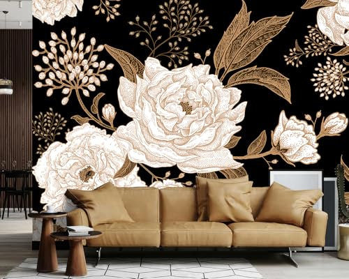 Ausril White Gold Peony Wallpaper, Vintage Rose Wallpaper, Retro Floral Wallpaper, Black Background Flower Wall Mural for Living Room, Bedroom, Dinning Room, Girl Room - 161x108(Not Peel and Stick)