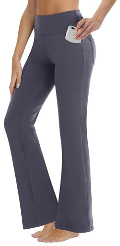 ZIRUU Bootcut Yoga-Hosen mit Taschen für Frauen Weites Bein Hosen Hohe Taille Workout Hosen Bauch Kontrolle Arbeit Hosen 4 Taschen(Grey,Large)