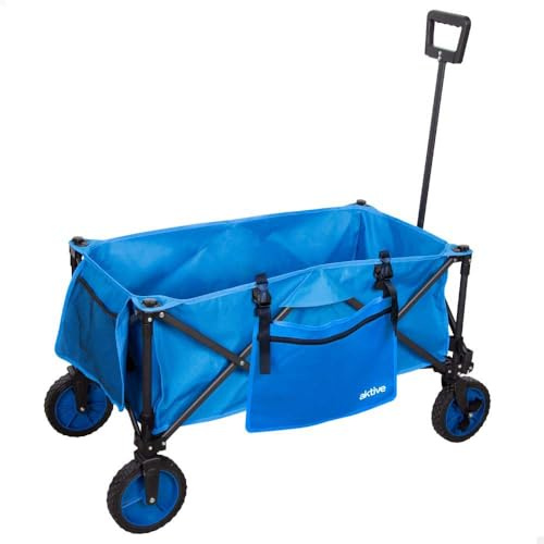 AKTIVE Faltbarer Transportwagen, Strand, Garten, Camping, Blau, Großer Wagen, Bis 80 kg, 360º Schwenkräder mit Bremse, Mehrwinkelgriff, 2 Taschen, Mit Abdeckung, Stuhlgestell (62371)
