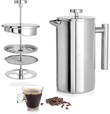FUOBECIE Caffettiera, 1000ml/34 Oz Cafetière French Press Coffee Maker, 8 Cup Stainless Steel Coffee Cafetiere, Coffee Press Double Wall Heat Resistant with 2 Filter Screens, Cafetiere Coffee Plunger
