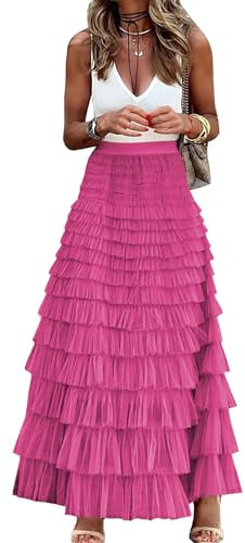 Jupe longue en tulle à volants pour femme - Taille haute - Jupon à volants, Rose/rouge, Taille S