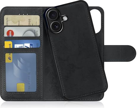 MyGadget Flip Case für iPhone 16 - [ abnehmbare Magnet Hülle ] - Handyhülle aus Kunstleder - [ Klapphülle mit Kartenfach ] Schutzhülle in Schwarz