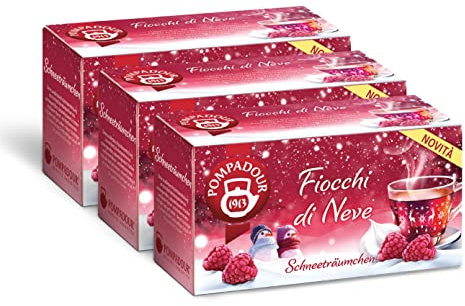 Pompadour, Infuso Fiocchi di Neve, 60 Filtri (3 Confezioni da 20 Filtri), con Lamponi e Aroma di Meringa, Ideale in Qualsiasi Momento della Giornata, Senza Lattosio, Glutine e Allergeni, Vegan