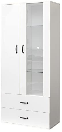 sogesfurniture Vitrine haute en verre blanche avec porte en verre et 2 tiroirs - Armoire de rangement moderne pour salon, bureau - 59,5 x 35 x 182 cm