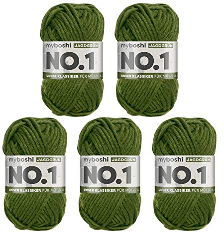 myboshi No.1 Wolle zum Häkeln und Stricken, Schnellstrickgarn, langlebige Mützenwolle, Strickwolle, Häkelwolle, mulesing-frei, 50g, Ll 55m Grün (Jagdgrün) 5 Knäuel