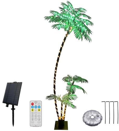 Peyayi Palma illuminata a energia solare, 2,1 m, decorazione per la casa, 260 LED, 3 tronchi di palme artificiali per patio esterno, decorazioni interne, giardino esterno, piscina