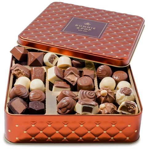 Chocolate Gift Hamper Basket- Gift Tin with Assorted Belgium Truffles – Christmas, Thank You, Sympathy, Hostess, Family, Prime Idea for Mom, Dad, Men, Women, Him, Her- Bonnie and Pop