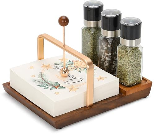 SUNNEKO Holz-Serviettenhalter für den Tisch,Serviettenständer für quadratisches Papier, Salzflasche, Pfefferstreuer, Metall-Schwergewicht-Kugel als Papiergewicht, für Küche, Cocktailbar