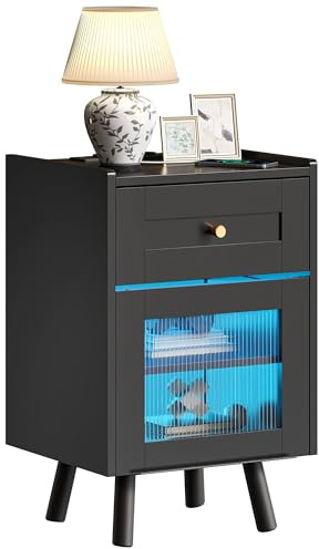YITAHOME Nachttisch mit 7-Farbiger LED-Lichtleiste, Nachttischschrank mit Schublade und verstellbarem Regal, schwarzer Aufbewahrungs-Beistelltisch für Schlafzimmer, Wohnzimmer, 40x35x62cm, Schwarz