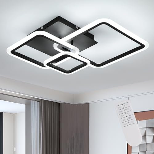 LED Deckenleuchte Schwarz , 33 W Quadratische Deckenlampe Dimmbar mit Fernbedienung, 3 Fimmige, Memory-Funktion, 3000K-6500K Helligkeit Einstellbar, Deckenbeleuchtung für Wohnzimmer, Schlafzimmer