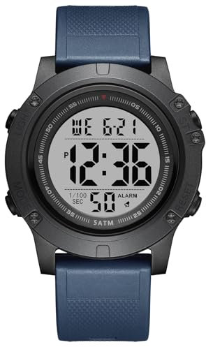 GOLDEN HOUR Montre Digitale Hommes, Montre de Sport étanche 5 ATM avec Rétroéclairage, Date, Semaine, Mois et Chronomètre, Bracelet en Silicone, Grand écran LCD