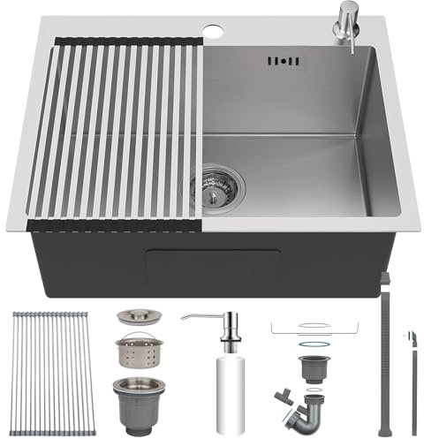 HZKSINNK Fregadero Cocina 55 x 45 cm, 1 Seno Fregadero Acero Inoxidable Cepillado, Fregadero con 2 Orificios para Grifo, Bajo Encimera o Sobre Encimera, con Desagüe de sifón y juego de rebosadero
