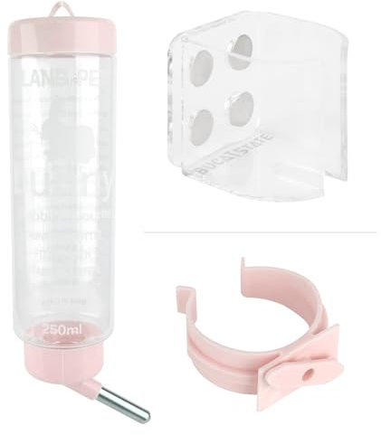 LUFEIS Hamster Water Bottle with Holder, 250ml Small Animal Water Dispenser with Multifunctional Magnetic Feeder Bracket for Hamsters, Hedgehogs, Gerbils, Squirrels, Rabbits and other Small Pets, Pink