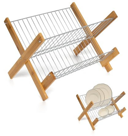 LIN HOME Escurridor de Platos de Bambú y Metal, 2 Niveles, 38 x 33 x 27 cm, Plegable, Estructura Estable (M1)