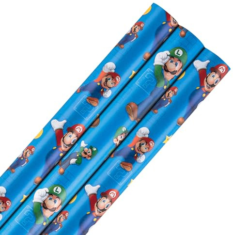 Hallmark 6m Wrapping Paper, Super Mario Bros., 3-Pack, 2m per Roll | Mario, Luigi, Nintendo, Birthday, Christmas, Kids, Each Roll 70cm X 200cm, Handy Cutting Grid, Blue