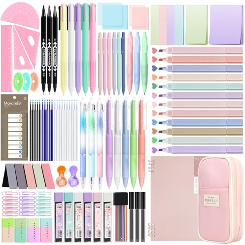Focxoio 146PCS Aesthetic Stationery Supplies with Pen Case & Notebook,12 Pastel Highlighters,3 Erasable Pens,5 Multicolor Pen,5 Gel Pen,9 Mechanical Pencil Stationery Set for Students School Supplies
