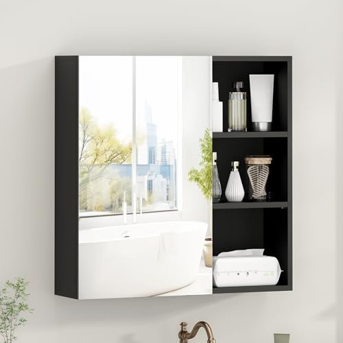 Bathroom Mirror Cabinet,Wall Mount Cabinet with Adjustable Shelf&Open Storage,Modern Single Door Bathroom Cabinets with Mirror,Black Wooden Storage Cupboard for Toilet,Living Room,65*17*65cm