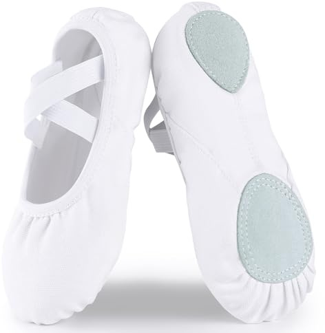 Acfoda Ballet Shoes Girls Canvas Soft Dance Slippers Split Leather Sole Ballerina Gymnastics Yoga Flats Comfortable with Elastic Straps for Kids Women White 2 UK