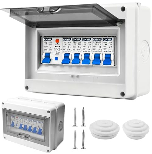 Behogan Sicherungskasten Aufputz IP65 mit Schutzschalter, Leistungsschalter 63A 4-Wege 2x6A+10A+20A+32A, Verteilerkasten mit Fi Schutzschalter, Unterverteilung Aufputz,Verteiler Kleinverteiler