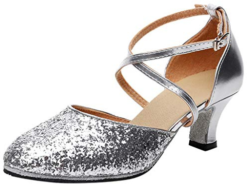 Pumps Damen Glitzer Silber Tanzschuhe mit Blockabsatz Pailletten Ausgehschuhe Klassische Elegante Brautschuhe Modische Breite Füße Chic Absatzschuhe High Heels Silvester Abendschuhe Glitzerschuhe