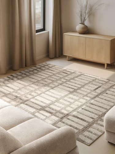 vikosa Boho 1.0 - Wollteppich Linara, Handgemacht & Natürlich, Wohnzimmerteppich, Geometrisches Design, Kurzflor, Hygge, Skandi, Teppich für Wohnzimmer,Schlafzimmer - Natur Creme Braun, 120x180 cm