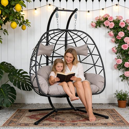 Double Hanging Egg Chair with Stand,Rattan Wicker Swing Chair with Cushion, Patio Basket Hanging Chair Wicker Hammock Chair for Indoor Outdoor Bedroom Balcony Garden,600LBS