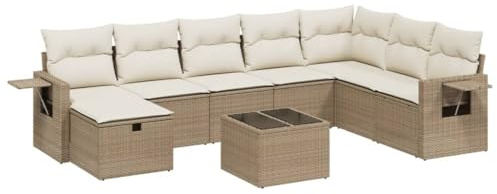 HFXHIJXQ 9-teiliges Gartenmöbel Set Beige 62 x 62 x 69 cm Poly-Rattan Balkonmöbel modular Couchgarnitur wetterfest mit Glasplatte und Kissen für Terrasse Balkon Garten