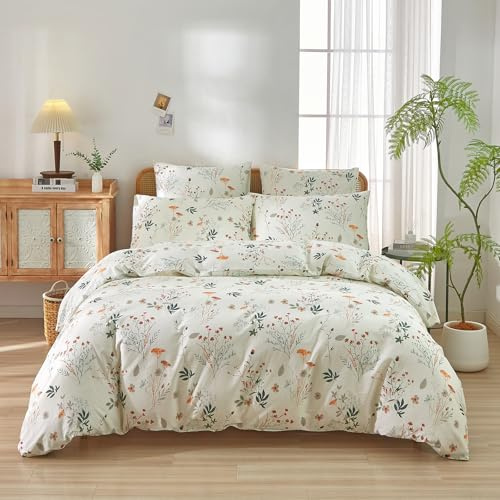 Boqingzhu Baumwolle Bettwäsche 135x200 cm Blumen Beige Creme Weiß Blüten Ästhetik Bettbezug mit 1 Kissenbezug 80x80 cm, Frühling Bettwäsche mit Botanischem Floralmotiv