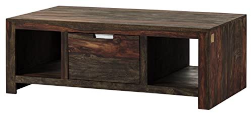 Massivmoebel24.de | Tambora - Couchtisch aus Massivholz - geölt | Sheesham-Holz | grau | 118x65x42 | 2 Ablageflächen - 1 Schublade | Kaffeetisch Beistelltisch Sofatisch