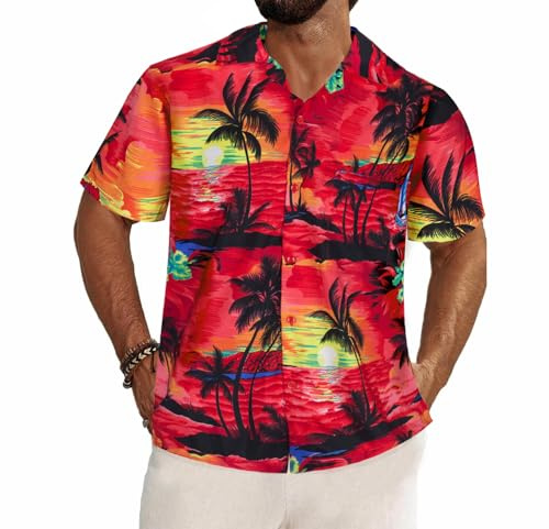 REDSTAR Summer Hawaiian Shirts for Men - Hawaiian Fancy Dress Mens Short Sleeved Shirts with Tropical Floral Print - Mens Hawaiian Shirts for Stag Do or Beach Party