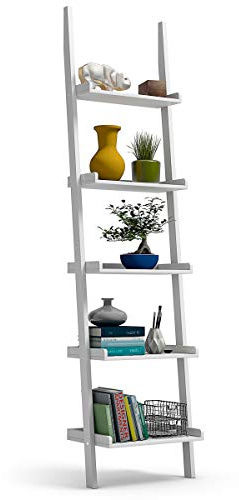 Tangkula Leiterregal, 5-stöckig, multifunktional, modernes Holz, Blumen-Design, Bücherregal, Home Office Lagerregal, Schiefer Leiter Wandregal weiß