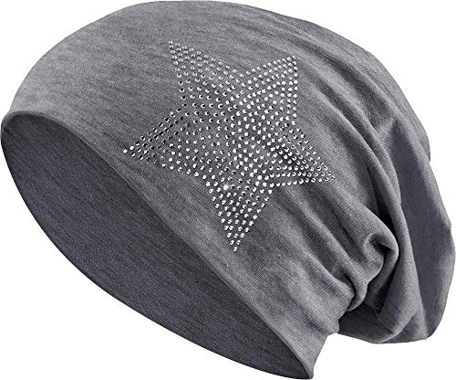 Jersey Baumwolle elastisches Long Slouch Beanie Unisex Herren Damen mit Strass Stern Steinen Mütze Heather in 35 (2) (Heather Dark Grey)