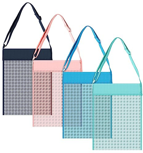 Vinsani Set of 4 Adjustable Reusable Mesh Beach Bags – Lightweight Shoulder Tote for Travel, Pool, Sand Toys, Swimming, Shopping – Adults, Teens & Kids (Blue, Green, Navy & Pink)