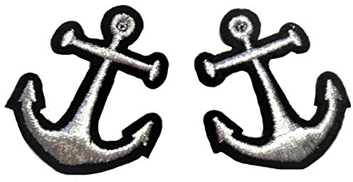 B2SEE Aufnäher Iron on Patches für Jacken Jeans Kleidung Aufbügler Wappen Applikation Stickerei Set Marine Maritim Anker schwarz Silber 4,5 cm 2 Stueck