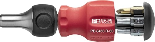 PB Swiss Tools Ratschenschraubendreher PB 8453.R-30 | 100% Swiss Made | Stubby Bithalter Schraubendreher mit 6 PrecisionBits C6 Schlitz/Kreuz/Torx und magnetischer Bitaufnahme