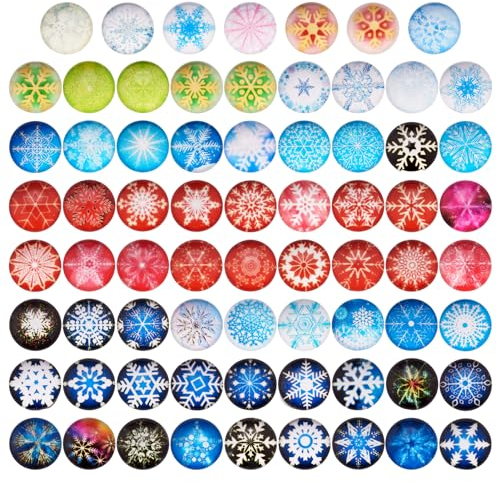 Craftdady 140 Stück Schneeflocken-Glas-Cabochons, 12 mm, Weihnachtsmosaik, bedruckt, halbrund, Kuppel, Cabochons, Fliesen für Neujahr, Halsketten, Schmuckherstellung