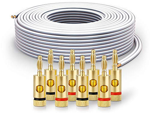 PureLink Cable de Altavoz SP061-025 2x2,5 mm² (99,9% OFC de Cobre Completo, Cable Trenzado de 0,20 mm) Cable de Altavoz de Alta fidelidad, 25 m, Blanco, Juego Que Incluye 8 enchufes Banana