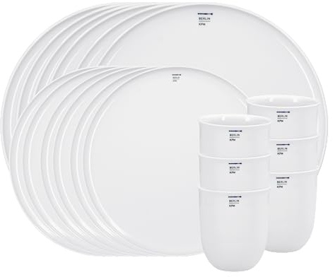 KPM Berlin LAB Dinner-Set, Geschirrset 6 Personen aus Porzellan,18-tlg | 6 Becher, 6 kleine & 6 große Teller, weißes Tafelservice, modern, handmade, Porzellan-Set im Geschenkkarton