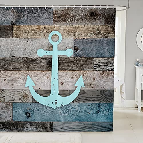 Nautical Anchor Shower Curtain with Hooks,Farmhouse Style Barn Door Room Decor Bath Curtain,Vintage Ocean Anchors Bathroom Accessories Waterproof Panel,72x 84 Inches