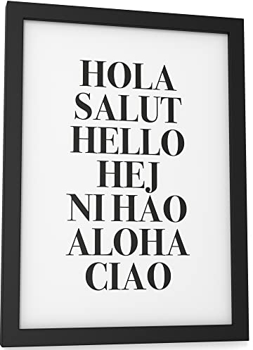 Papierschmiede® Typografie Poster, DIN A5 (15x21 cm), Wanddeko Wohnzimmer, Schlafzimmer, Küche, schwarz-weiß Bild mit Spruch OHNE Rahmen, Hola Salut Hello Ciao