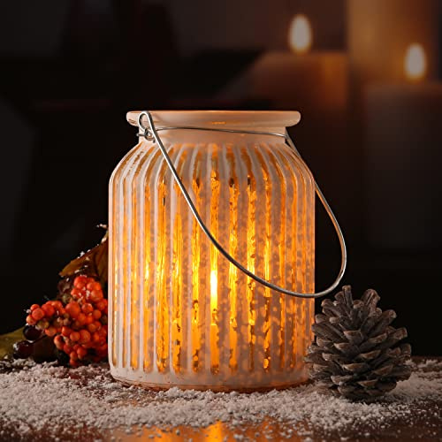 Windlicht geriffeltes Glas Teelichthater Kerzenhalter mit Metallhenkel H: 14,5cm Glaslicht Glasvase (weiß/Gold)