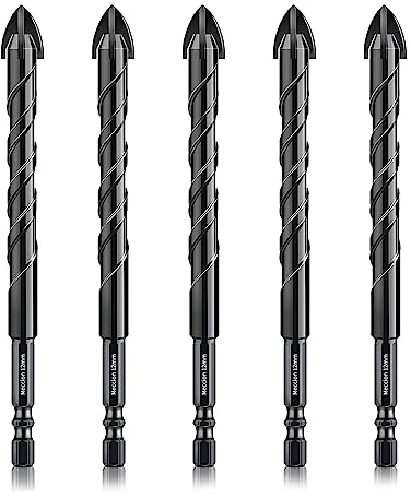 Meccion Tile Drill Bit 12mm x 5Pcs Professional Cross Tungsten Carbide Tip Drill Bits for Tile, Brick, Glass, Porcelain, Plastic, Wood, Cement, Mild Metal